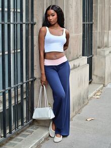 Mima John Women Casual Contrast Foldover Waist Wide Leg Sweatpants Navy Blue,Summer,Athleisure,Loungewear,Back To School Fall Cloth,Teacher Outfits,Graduation - Navy Blue - View 3