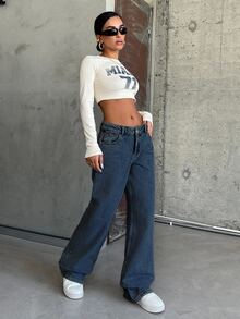 SHEIN Cottnline 100% Cotton LOW RISE WIDELEG CUT LIGHT BLUE WOMEN JEAN - Dusty Blue - View 6