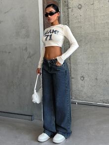 SHEIN Cottnline 100% Cotton LOW RISE WIDELEG CUT LIGHT BLUE WOMEN JEAN - Dusty Blue - View 3