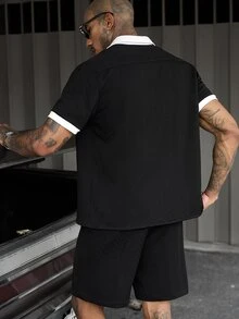 SLATEMANN Men's Summer Casual Colorblock Shirt & Shorts 2 Pieces Set - Black - View 2