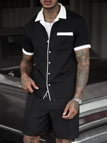 SLATEMANN Men's Summer Casual Colorblock Shirt & Shorts 2 Pieces Set - Black - View 3