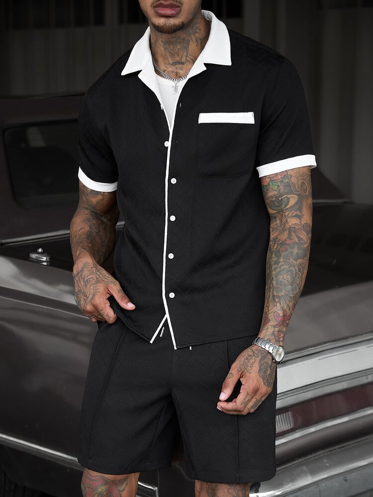 SLATEMANN Men's Summer Casual Colorblock Shirt & Shorts 2 Pieces Set - Black - View 3