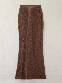 Bonvoyette 春夏新款镂空网纱提花金属配饰长裙，女士泳衣罩衫 - 咖啡棕 - 查看 2