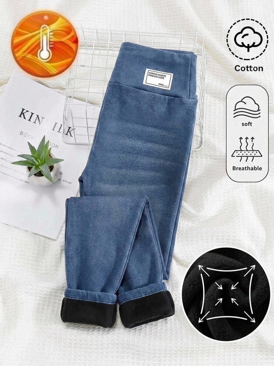 Teen Girls Autumn/Winter Blue Knit Denim Fleece Lined Stretch Skinny Pants - Blue - View 1