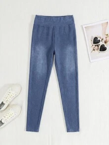 Teen Girls Autumn/Winter Blue Knit Denim Fleece Lined Stretch Skinny Pants - Blue - View 3