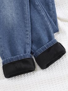 Teen Girls Autumn/Winter Blue Knit Denim Fleece Lined Stretch Skinny Pants - Blue - View 5