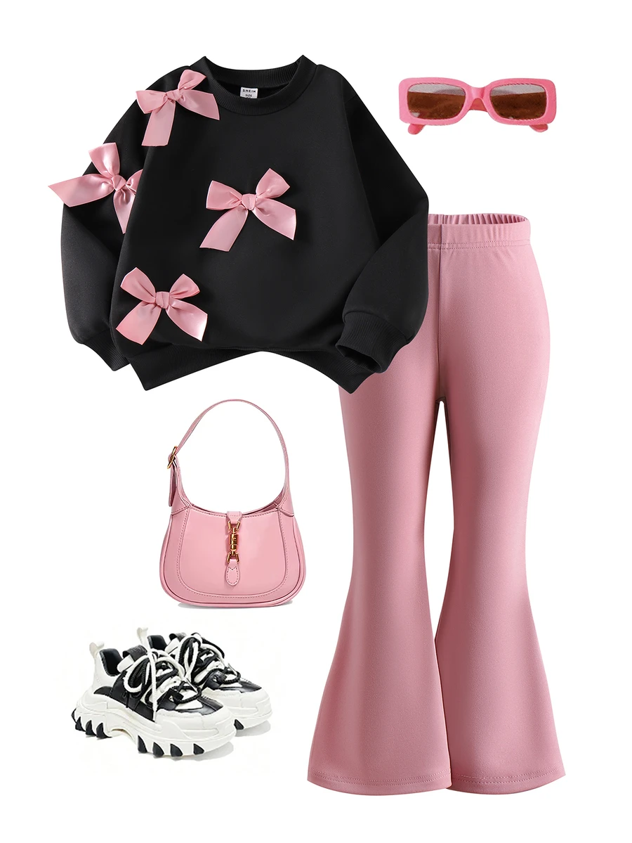 SHEIN Elladie kids Young Girls 2Pcs Autumn/Winter 4-7Y Pink 3D Bow Decor Black Sweatshirt And Pink Bell Bottom Flare Pants Set For Daily Casual Fall Clothing