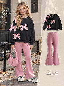 SHEIN Elladie kids Young Girls 2Pcs Autumn/Winter 4-7Y Pink 3D Bow Decor Black Sweatshirt And Pink Bell Bottom Flare Pants Set For Daily Casual Fall Clothing - Black - View 4