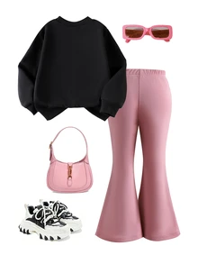 SHEIN Elladie kids Young Girls 2Pcs Autumn/Winter 4-7Y Pink 3D Bow Decor Black Sweatshirt And Pink Bell Bottom Flare Pants Set For Daily Casual Fall Clothing - Black - View 3