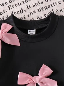SHEIN Elladie kids Young Girls 2Pcs Autumn/Winter 4-7Y Pink 3D Bow Decor Black Sweatshirt And Pink Bell Bottom Flare Pants Set For Daily Casual Fall Clothing - Black - View 5