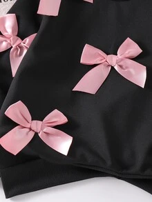 SHEIN Elladie kids Young Girls 2Pcs Autumn/Winter 4-7Y Pink 3D Bow Decor Black Sweatshirt And Pink Bell Bottom Flare Pants Set For Daily Casual Fall Clothing - Black - View 8