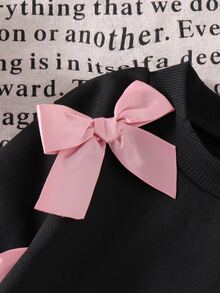 SHEIN Elladie kids Young Girls 2Pcs Autumn/Winter 4-7Y Pink 3D Bow Decor Black Sweatshirt And Pink Bell Bottom Flare Pants Set For Daily Casual Fall Clothing - Black - View 9
