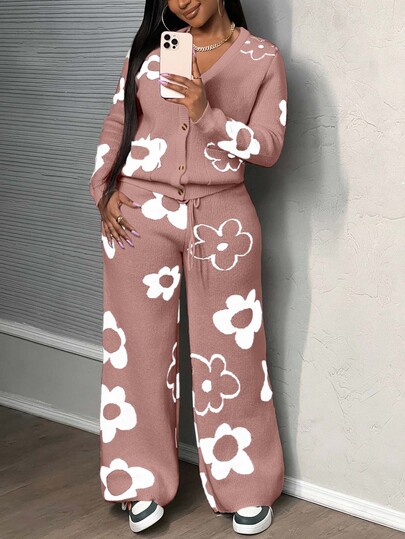 SHEIN Set de 2 piese pentru vacanța de Anul Nou, toamnă-iarnă, casual alternativ, cu cardigan tricotat floral, guler V, mânecă lungă și pantaloni largi, stil formal, roz prăfuit