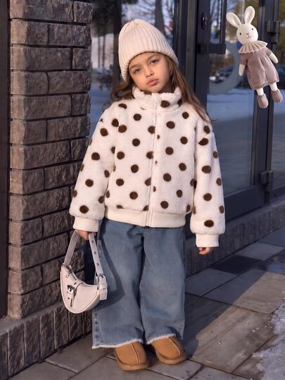 Elladie kids Young Girls White Faux Fur Stand Collar Long Sleeve Zip-Up Jacket, Casual Fashion Slouchy Outerwear For Daily Wear, Spring Autumn Winter Fall Clothes