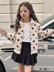 SHEIN 女童白色人造毛立領長袖拉鍊外套，休閒時尚寬鬆外衣，適合日常穿著，春秋冬三季 - 白色 - 查看 3