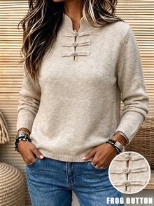 SHEIN Women Autumn Winter Beige Knit Sweater, Chinese Stand Collar With Frog Buttons. Loose Basic Top Commute Casual Wear Everyday Tea Party - Apricot - View 6