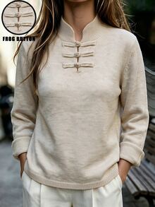 SHEIN Women Autumn Winter Beige Knit Sweater, Chinese Stand Collar With Frog Buttons. Loose Basic Top Commute Casual Wear Everyday Tea Party - Apricot - View 5