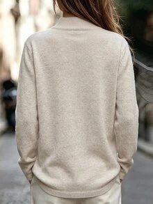 SHEIN Women Autumn Winter Beige Knit Sweater, Chinese Stand Collar With Frog Buttons. Loose Basic Top Commute Casual Wear Everyday Tea Party - Apricot - View 7