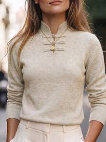 SHEIN Women Autumn Winter Beige Knit Sweater, Chinese Stand Collar With Frog Buttons. Loose Basic Top Commute Casual Wear Everyday Tea Party - Apricot - View 4