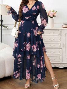 Amorya 女款花卉印花V領百褶休閒浪漫優雅派對新娘花園單身派對長洋裝，海軍藍秋季婚禮款 - 彩色 - 查看 7