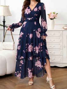 Amorya 女款花卉印花V領百褶休閒浪漫優雅派對新娘花園單身派對長洋裝，海軍藍秋季婚禮款 - 彩色 - 查看 5