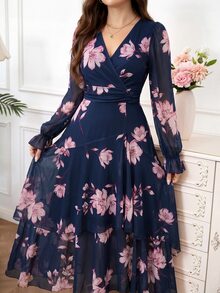 Amorya 女款花卉印花V領百褶休閒浪漫優雅派對新娘花園單身派對長洋裝，海軍藍秋季婚禮款 - 彩色 - 查看 6