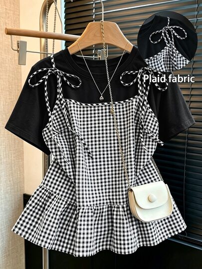 GlowEve CURVE Kaos Wanita Ukuran Besar Musim Semi Musim Panas Musim Gugur Motif Kotak-kotak Patchwork Rajut dengan Pita, Leher Bulat, Lengan Pendek, Pinggang Terikat, Hem Lurus, Hem Bergelombang, Longgar, Kasual, Modis untuk Rumah, Elegan, Nyaman, Chic, Cocok untuk Pantai, Liburan, Pesta, Kencan, Pernikahan, Tamu, Acara Luar Ruangan, Tempat Kerja, Serbaguna 2 in 1