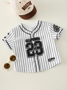 SHEIN 男婴休闲条纹字母图案宽松短袖上衣，适合夏季、春季户外、运动、旅行和度假穿着。 - 黑色 - 查看 4