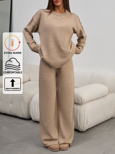 EURMUSE Ensemble 2 pièces pour femmes avec pull à col rond en tricot côtelé et pantalon, ensemble coordonné en tricot confortable kaki, vêtements d'automne décontractés