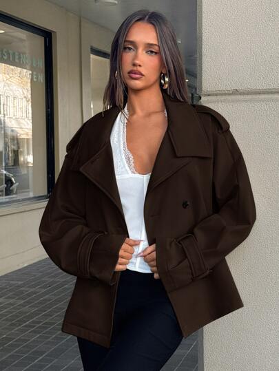 Aloruh Women's Autumn/Winter New Brown Elegant Fashion Minimalist Casual Daily Commute Romantic Date Street Style Charming Vintage Stand Collar Lace-Up Trench Coat Jacket
