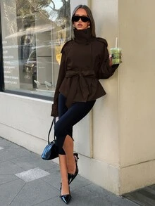 Aloruh 女款秋冬新款棕色優雅時尚簡約休閒日常通勤浪漫約會街頭風迷人復古立領繫帶風衣外套 - 咖啡棕 - 查看 6