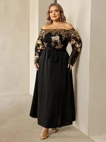 SHEIN CURVE+ Plus Size Women's Gold Foil Waist Knot Casual Party Cold Shoulder Dress Christmas Fall - Black - View 5