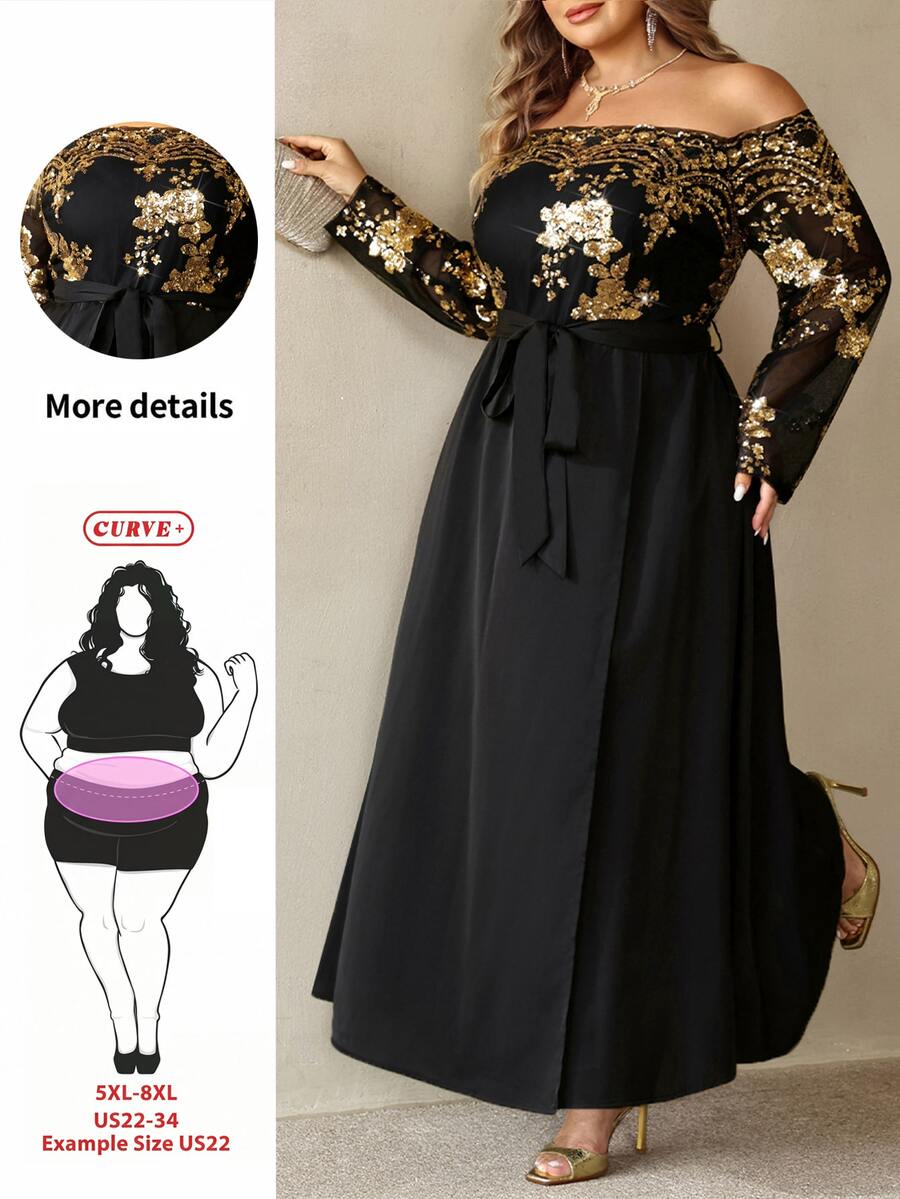 SHEIN CURVE+ 大尺碼女款金色箔印腰部打結休閒派對露肩洋裝,適合聖誕與秋季 - 黑色 - 查看 1