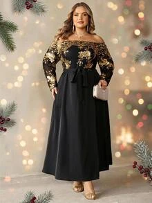 SHEIN CURVE+ Plus Size Women's Gold Foil Waist Knot Casual Party Cold Shoulder Dress Christmas Fall - Black - View 1