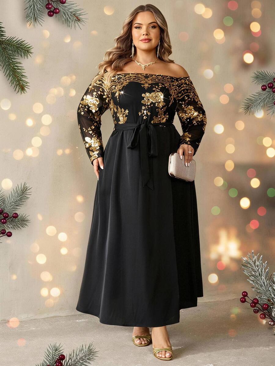 SHEIN CURVE+ Plus Size Women's Gold Foil Waist Knot Casual Party Cold Shoulder Dress Christmas Fall - Black - View 1