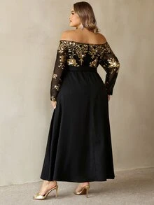 SHEIN CURVE+ Plus Size Women's Gold Foil Waist Knot Casual Party Cold Shoulder Dress Christmas Fall - Black - View 2
