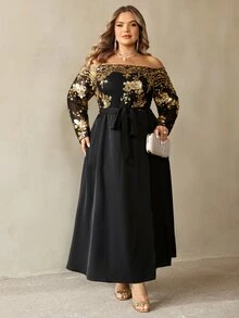 SHEIN CURVE+ Plus Size Women's Gold Foil Waist Knot Casual Party Cold Shoulder Dress Christmas Fall - Black - View 6