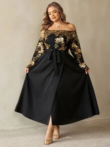 SHEIN CURVE+ Plus Size Women's Gold Foil Waist Knot Casual Party Cold Shoulder Dress Christmas Fall - Black - View 3