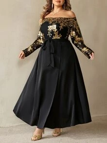 SHEIN CURVE+ Plus Size Women's Gold Foil Waist Knot Casual Party Cold Shoulder Dress Christmas Fall - Black - View 4
