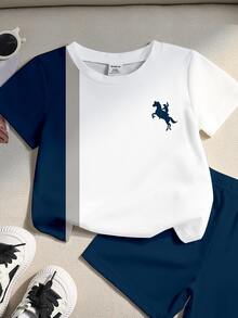 2pcs Young Boys T-Shirt Set Navy White Striped Knight Print Contrast Loose Short Sleeve Crew Neck School Vacation Summer Back To School - Multicolor - View 3