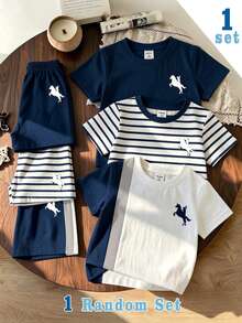2pcs Young Boys T-Shirt Set Navy White Striped Knight Print Contrast Loose Short Sleeve Crew Neck School Vacation Summer Back To School - Multicolor - View 1