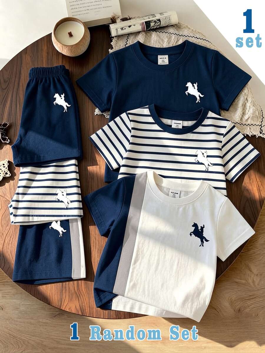 2pcs Young Boys T-Shirt Set Navy White Striped Knight Print Contrast Loose Short Sleeve Crew Neck School Vacation Summer Back To School - Multicolor - View 1