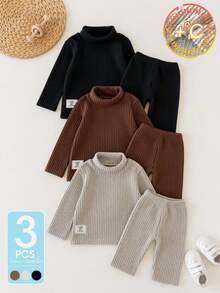 SHEIN 3pcs Toddler Boys Turtleneck Top Cute Grey Brown Black Ribbed Patch Detail Long Sleeve High Neck Regular Holiday Fall Winter Christmas Halloween Thick - Multicolor - View 3