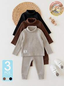 SHEIN 3pcs Toddler Boys Turtleneck Top Cute Grey Brown Black Ribbed Patch Detail Long Sleeve High Neck Regular Holiday Fall Winter Christmas Halloween Thick - Multicolor - View 1