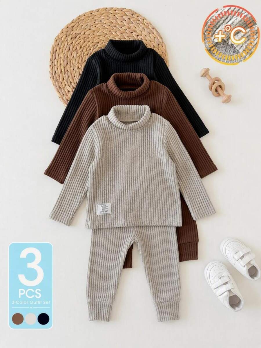 SHEIN 3pcs Toddler Boys Turtleneck Top Cute Grey Brown Black Ribbed Patch Detail Long Sleeve High Neck Regular Holiday Fall Winter Christmas Halloween Thick - Multicolor - View 1