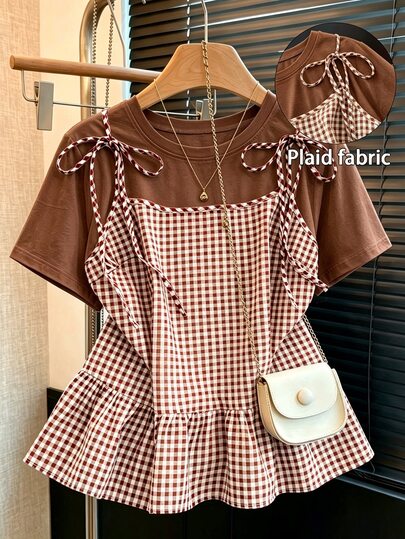 GlowEve CURVE Women's Plus Size Plaid Patchwork Knit Fabric Bowknot Round Neck Short Sleeve Cinched Waist Straight Hem Ruffle Hem Loose Fit Casual Daily Home Fashion Elegant Comfortable Stylish Beach Vacation Party Date Wedding Guest Outing Office Versatile 2 In 1 T-Shirt