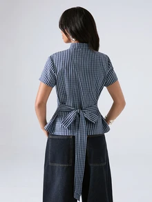 LYSMO 2026 極簡風休閒優雅商務夏季女款藍色格紋條紋收腰襯衫上衣 格紋上衣 辦公室早午餐上衣 - 藍色 - 查看 8