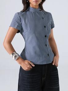 LYSMO 2026 極簡風休閒優雅商務夏季女款藍色格紋條紋收腰襯衫上衣 格紋上衣 辦公室早午餐上衣 - 藍色 - 查看 6