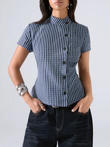 LYSMO 2026 極簡風休閒優雅商務夏季女款藍色格紋條紋收腰襯衫上衣 格紋上衣 辦公室早午餐上衣 - 藍色 - 查看 2