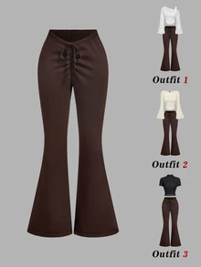 SHEIN MOD Comfortable Dark Brown Flared Knit Trousers Featuring A Stylish Ruched Drawstring Detail,Dark Brown Pants,Bell Bottom Pants For Women,Bell Bottom Pant - Brown - View 1